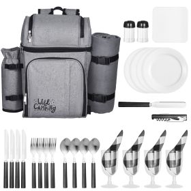 Picnic Backpack, Beach Picnic Backpack Bag for 4 Person with Insulated Cooler Compartment, Detachable Bottle/Wine Holder, Lightweight Blanket, Plates